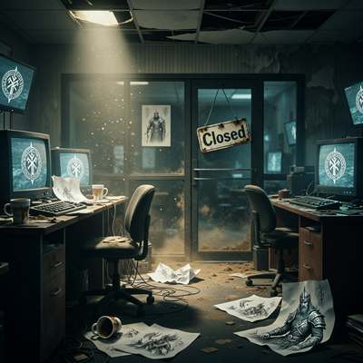 Заброшенная студия Ninja Theory с пустыми столами и мерцающими мониторами, символизирующая угрозу закрытия.