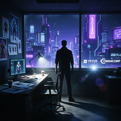 Силуэт разработчика в тёмном офисе на фоне ночного города, отражения логотипов Obsidian и Bethesda.