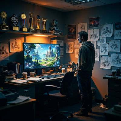 Разработчик игр в тёмном офисе смотрит на монитор с AAA-игрой, размышляя о рисках и творчестве.