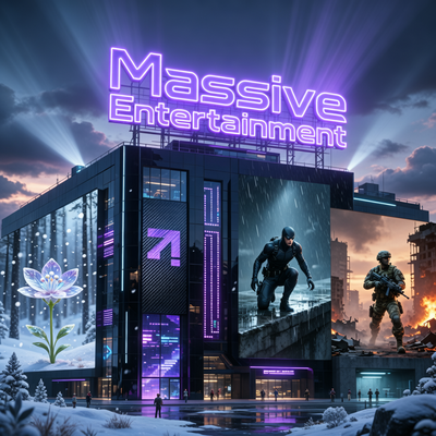 Массивное здание творческого дома Massive Entertainment с логотипом, окружённое символами игр The Division, Splinter Cell и Ghost Recon.